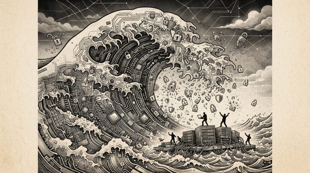 A massive ocean wave made of circuit board traces and microprocessor pathways crashes toward the viewer, with padlock icons and security shield symbols floating inside the wave, representing the structural security burden of the Model Context Protocol ecosystem