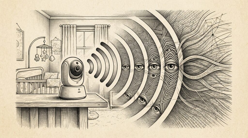 Baby monitor camera with wireless signal waves radiating outward, transforming into surveillance data streams — the tension between private nursery space and public exposure revealed by the Meari ODM security audit.