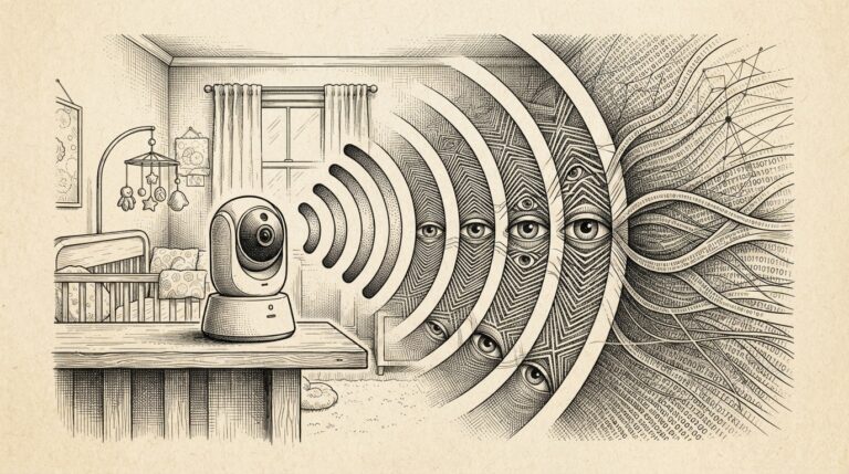 Baby monitor camera with wireless signal waves radiating outward, transforming into surveillance data streams — the tension between private nursery space and public exposure revealed by the Meari ODM security audit.