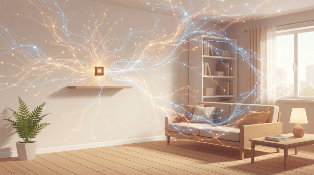 Abstract digital illustration of a glowing neural network mesh expanding from a small chip into a surrounding domestic space, symbolizing Meta Muse Glimmer's local agent dominance strategy