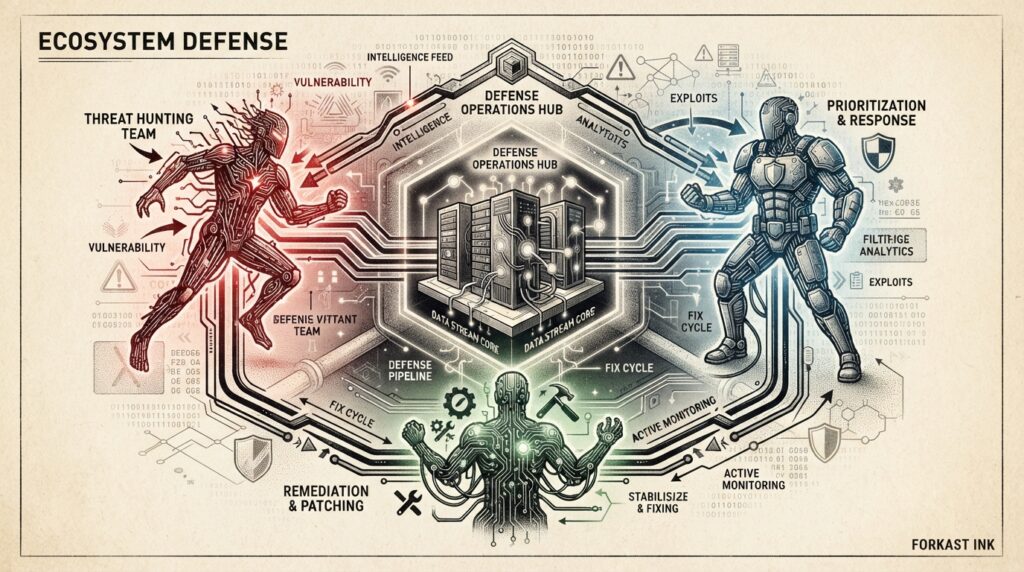 Monochrome editorial engraving of three interconnected agent teams - red (attacking), blue (defending), green (fixing) - arranged around a central data center architecture with circuit-board traces forming a pipeline.