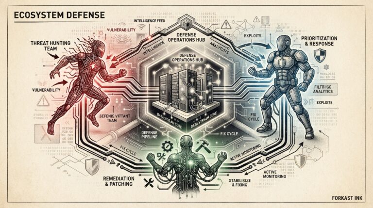 Monochrome editorial engraving of three interconnected agent teams - red (attacking), blue (defending), green (fixing) - arranged around a central data center architecture with circuit-board traces forming a pipeline.