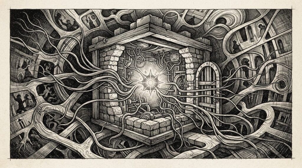 Monochrome ink engraving of a local AI agent's inference backend exposed through a deployment wrapper, with external tendrils reaching through DNS rebinding to poison the model template