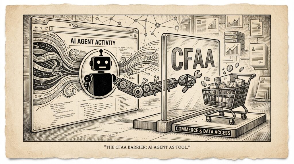 Editorial engraving of an AI agent as a tool reaching through a glass barrier labeled CFAA toward a shopping cart, illustrating the Ninth Circuit ruling that AI agents are tools not persons under the Computer Fraud and Abuse Act