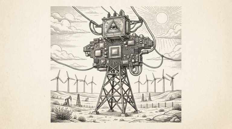 A power transmission tower morphing into a GPU chip on a stylized Texas plain with wind turbines, monochrome pen-and-ink engraving