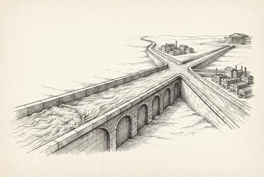 A vast stone aqueduct system where one massive central channel carrying heavy water flow branches at a junction into smaller secondary channels - a metaphor for NVIDIA's compute infrastructure diversifying from hyperscale-only to enterprise, sovereign, and edge.