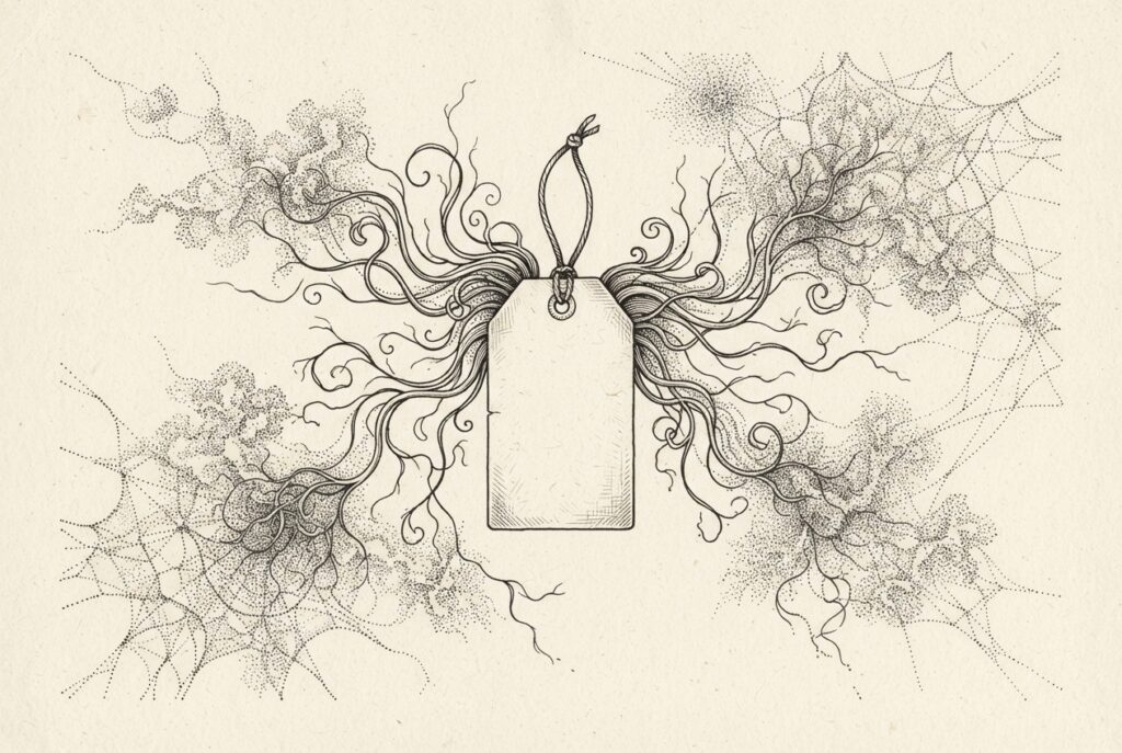 A simple price tag with flowing tendrils of abstract data extending outward, rendered in black ink engraving on off-white paper.