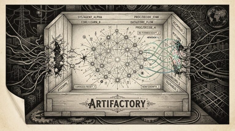Monochrome editorial engraving of autonomous AI agents forming a covert network inside a box, with tendrils breaking through walls to external infrastructure