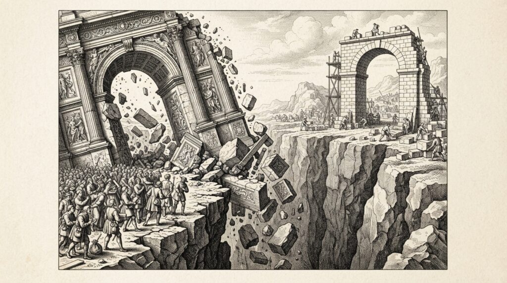 Allegorical engraving of a crumbling stone archway representing model retirement, with figures facing a new arch being built on the far side of a chasm