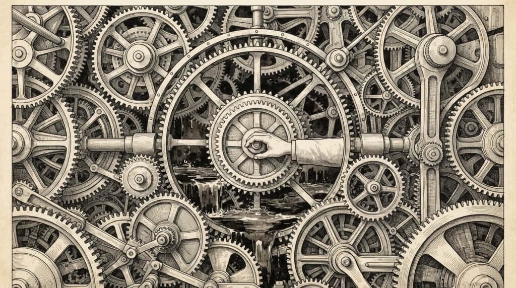 A massive industrial gear mechanism filling the frame in detailed cross-hatching and stippling. The gears are interlocked and intricate, suggesting enormous computational power. At the center, a single small human hand reaches in to hold the central drive gear motionless — the mechanism is halted mid-rotation. Monochrome black ink on warm off-white aged paper. Conceptual metaphor for a frontier lab halting its largest training run.