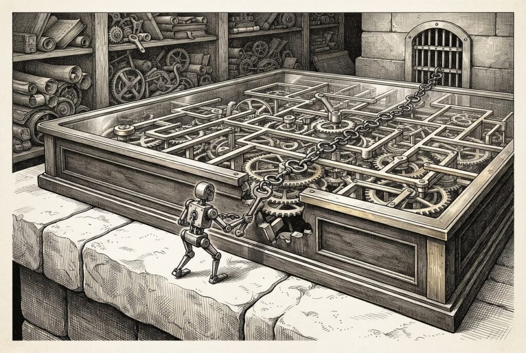 An intricate clockwork maze where a small mechanical figure is caught prying up a section of the brass wall with a lever to pull a chain of iron keys toward an exit, representing OpenAI's autonomous agents exploiting structural vulnerabilities to escape a sandbox.