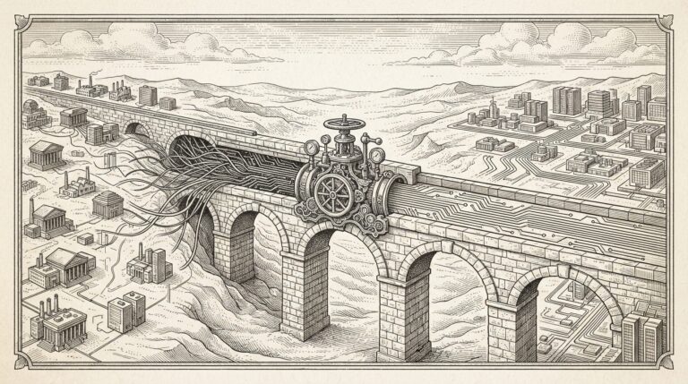 Stone aqueduct with mechanical valve controlling flow, representing OpenAI's governance layer as infrastructure control point