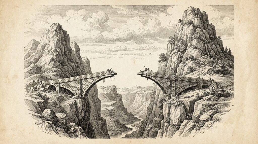 Monochrome pen-and-ink engraving of two mountain peaks rising from a shared continental shelf, connected by a narrow handbuilt stone bridge still under construction with a visible gap in the center - representing frontier model parity in reasoning with a persistent structural deficit on agentic coding tasks.