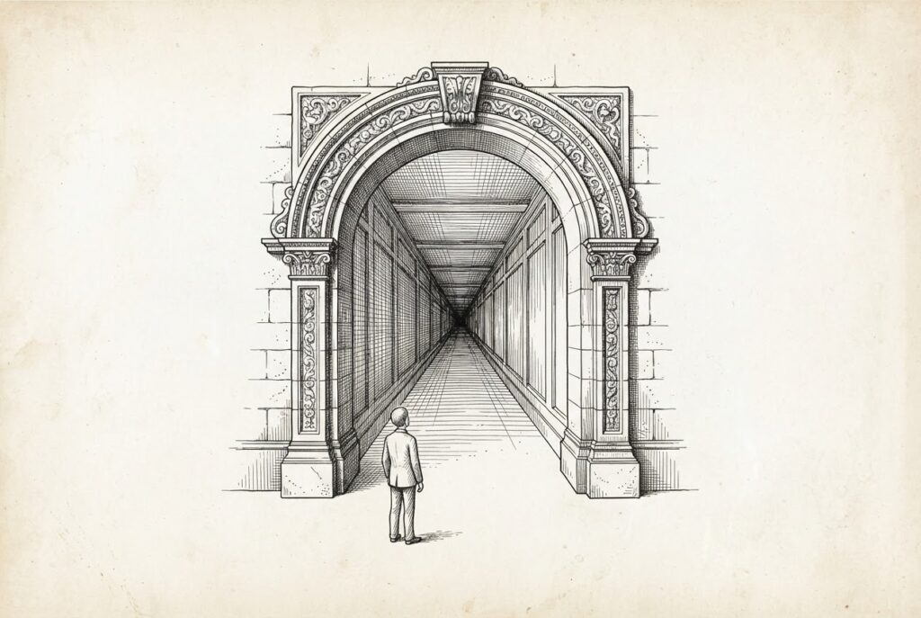 Pen-and-ink engraving of an ornate stone archway opening onto a long corridor that narrows dramatically into a restrictive passage, representing Alibaba's revenue gate for open weights.
