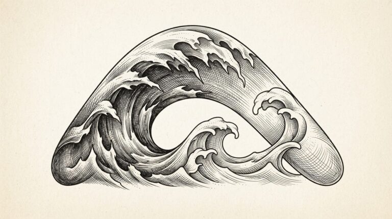 Monochrome editorial engraving of two opposing waves - one larger representing AI job cuts, one smaller but growing representing the rehiring correction wave