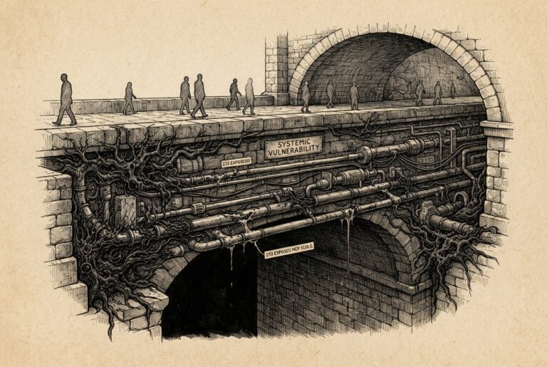 Stone bridge with exposed foundation pipes and conduits beneath the walkway, some pipes leaking. Faceless figures cross above, unaware.
