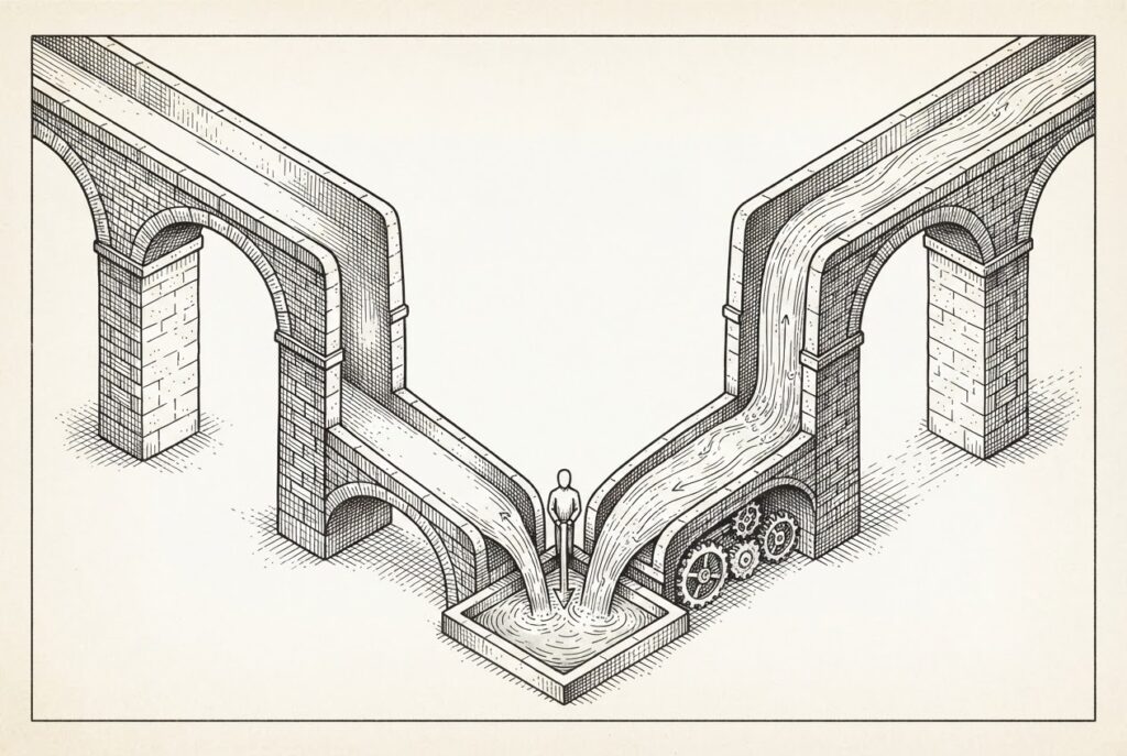 Monochrome pen-and-ink engraving of two stone aqueducts converging into a single delivery channel - one carrying a visible stream of data-flow, the other structurally complete but intentionally dry - with a faceless figure directing the flow into operational machinery below.