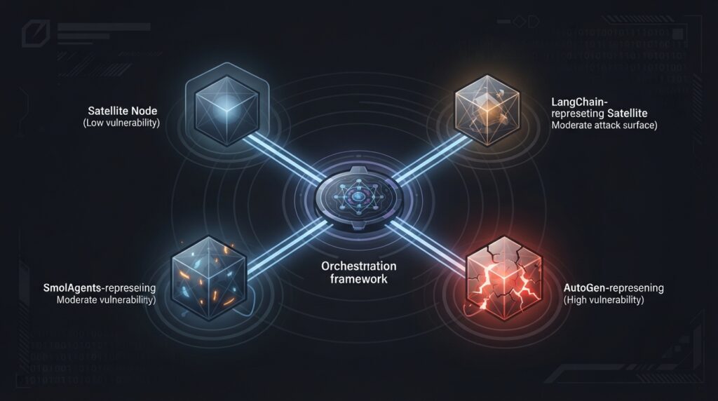 Abstract visualization of agent orchestration frameworks as independent attack surfaces — interconnected nodes representing different frameworks with varying vulnerability intensity levels