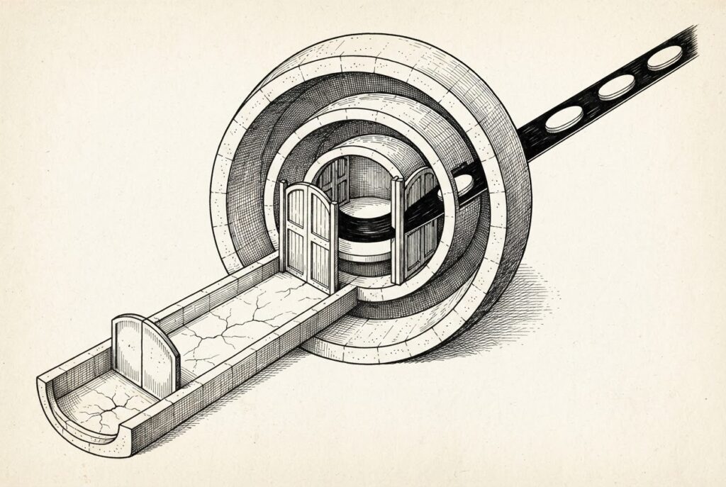 A surreal engraved gatehouse machine shows an active flow carrying four unmarked capsules through two nested authorization gates into a protected chamber while a separate branch ends at a closed, dry gate.