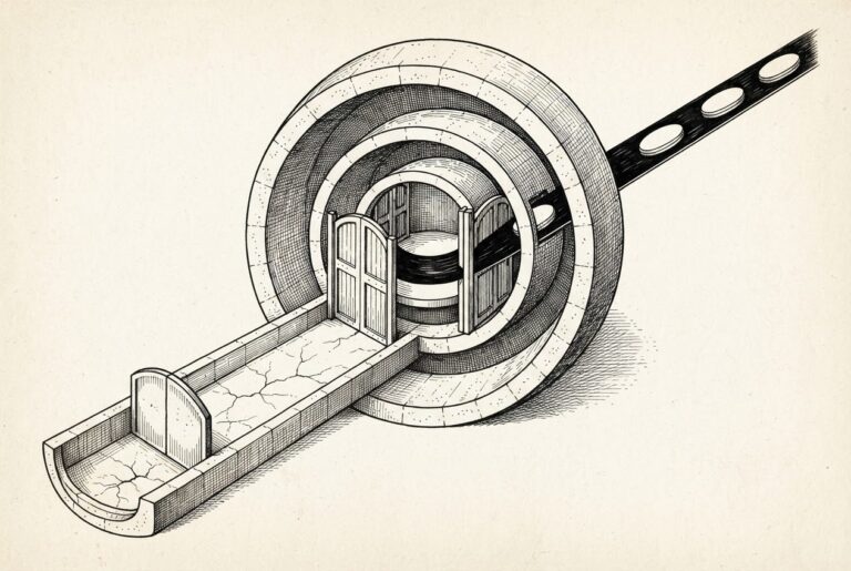 A surreal engraved gatehouse machine shows an active flow carrying four unmarked capsules through two nested authorization gates into a protected chamber while a separate branch ends at a closed, dry gate.