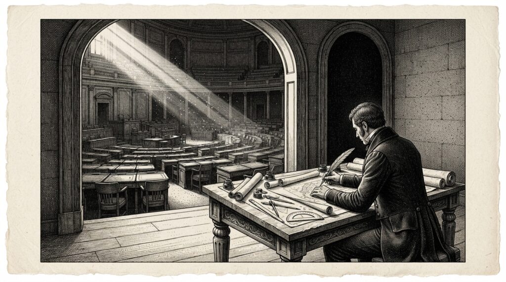 A lone bureaucratic figure in formal attire writes at a drafting table covered with compasses and rolled documents. Behind him, through a tall arched doorway, an enormous legislative chamber stretches into darkness — completely empty, its desks and chairs abandoned.