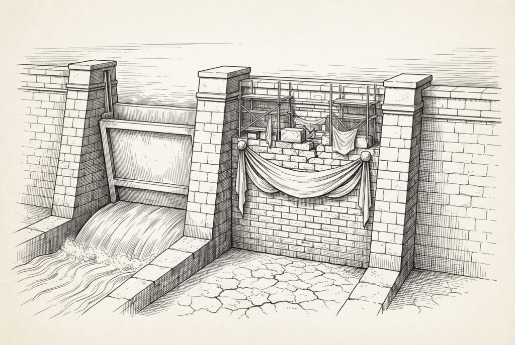 A massive stone dam with two sluice gates - one gate wide open with water rushing through freely, the other gate deliberately bricked shut with heavy stones, scaffolding half-abandoned, and political banners draped across the sealed passage. Conceptual illustration of regulatory bifurcation: one current of financial innovation flows freely while its parallel twin is dammed shut by political obstruction.