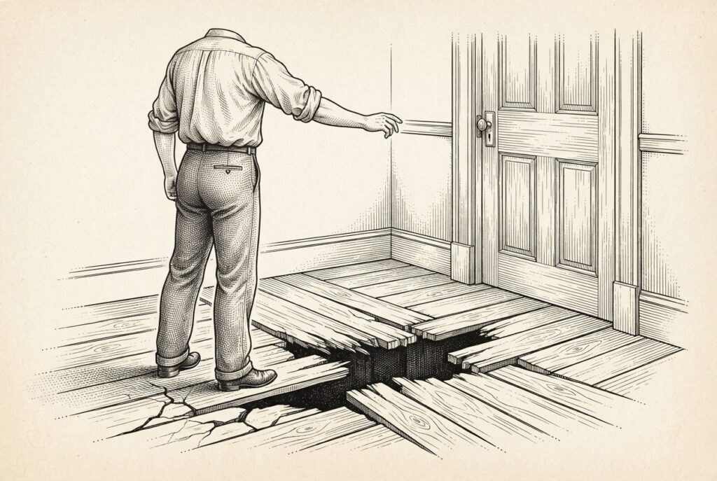 A faceless figure in a domestic interior reaches toward a door lock while the floorboards beneath crack and fracture, symbolizing agent infrastructure debt.