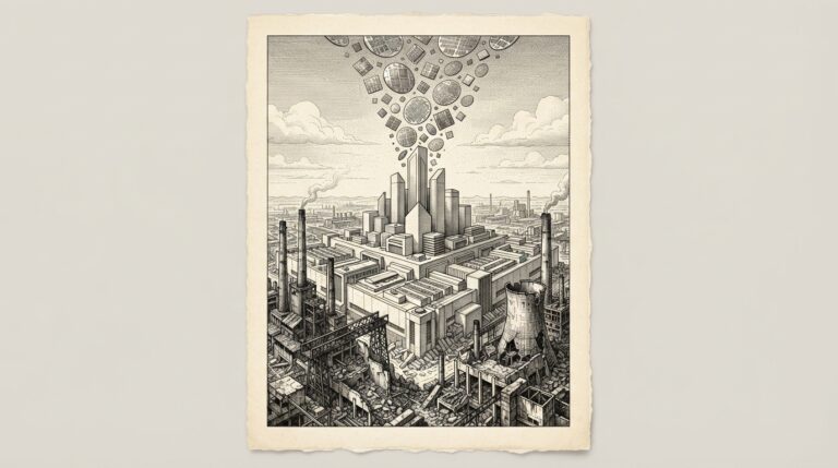 Monochrome editorial illustration of a massive semiconductor fabrication facility rising from the ruins of a coal-fired power plant in Grimes County, Texas - the SpaceX/Tesla Terafab project