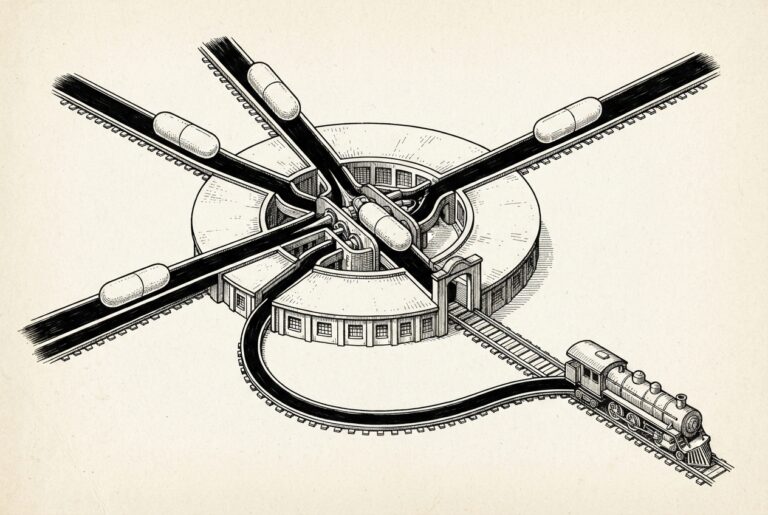 A hand-drawn engraved infrastructure machine shows four separate tenant conduits feeding a central platform while one larger private route loops outward toward its own engine.