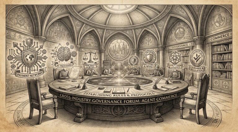 A round table or council chamber where different industry symbols converge to establish rules for agent commerce — conceptual illustration of cross-industry governance forum.