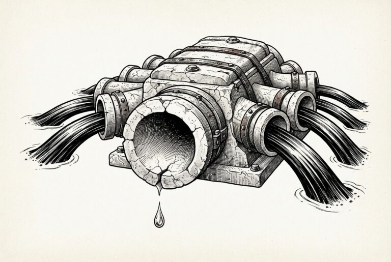 Conceptual black-ink engraving of a large cracked central outlet nearly dry while many smaller outlets send broad streams outward.