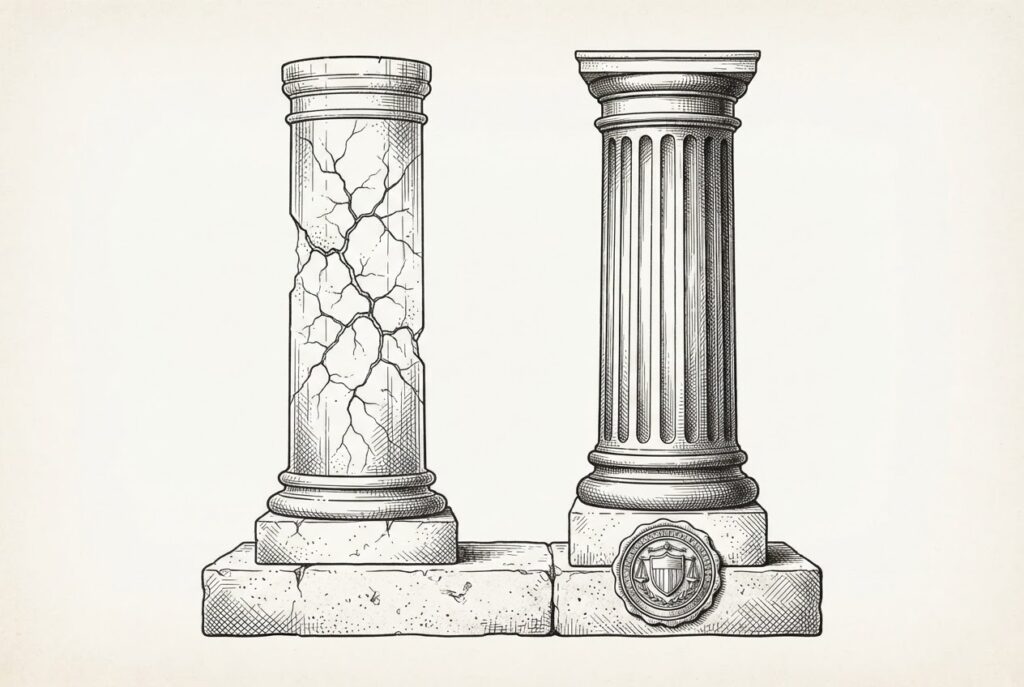 Two classical architectural columns side by side - the left hollow and cracked (transparency paradigm), the right solid with a seal (fiduciary duty paradigm)