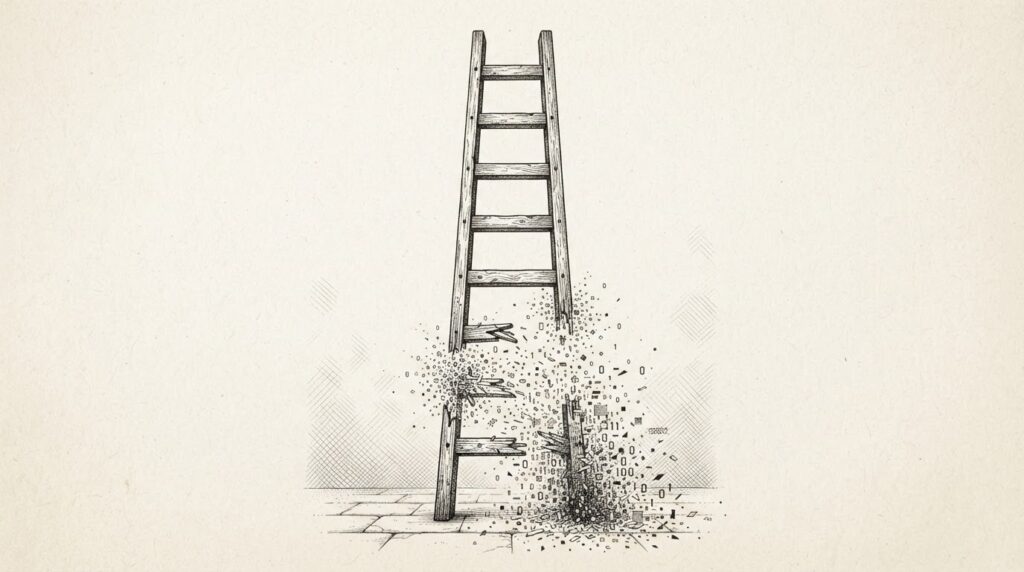 A wooden ladder with its lower rungs dissolving into digital particles while upper rungs remain solid, symbolizing the junior-gap paradox in knowledge work