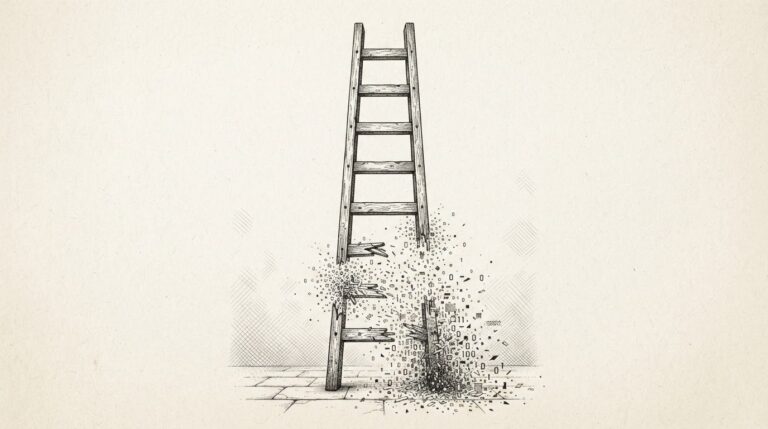 A wooden ladder with its lower rungs dissolving into digital particles while upper rungs remain solid, symbolizing the junior-gap paradox in knowledge work