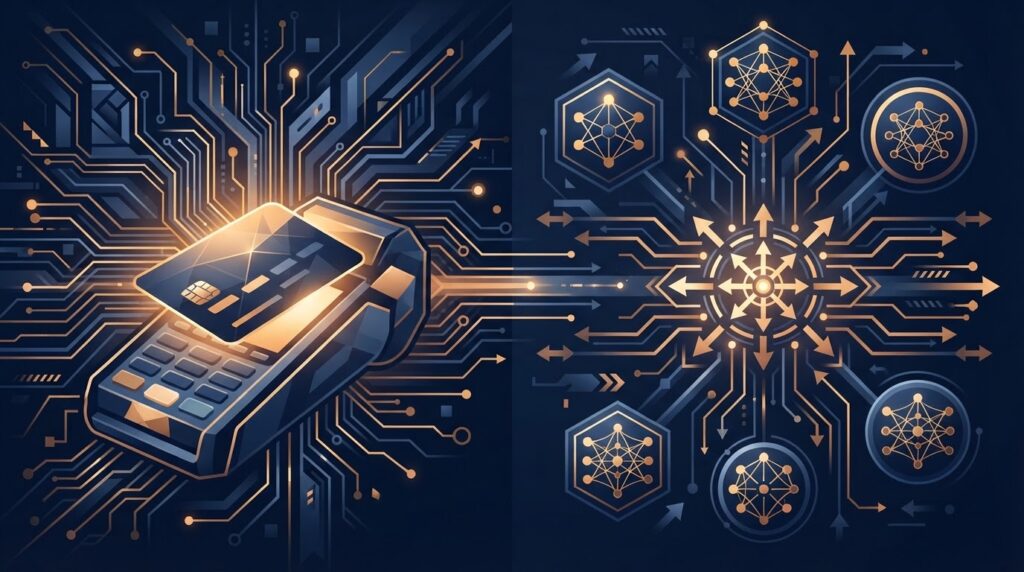 Stylized illustration of payment infrastructure merging with AI model routing - credit card morphing into digital circuit patterns connecting multiple AI model nodes