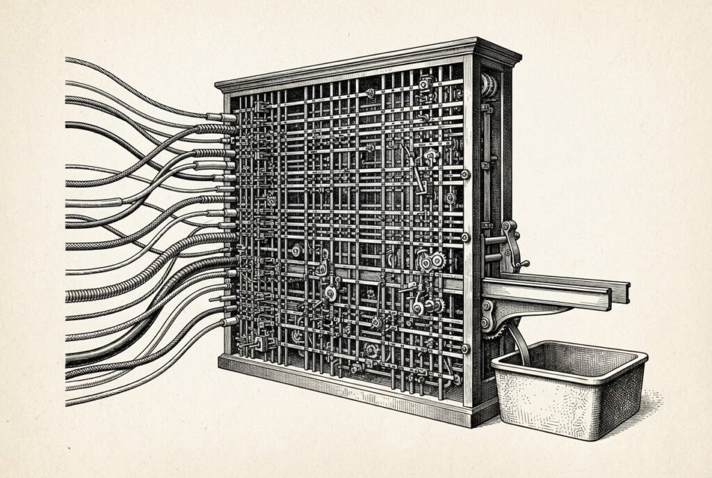 Hand-drawn engraving of an antique mechanical crossbar switchboard representing model routing as critical infrastructure - many distinct input lines converge into a central routing matrix that sorts and directs them to a single output rail