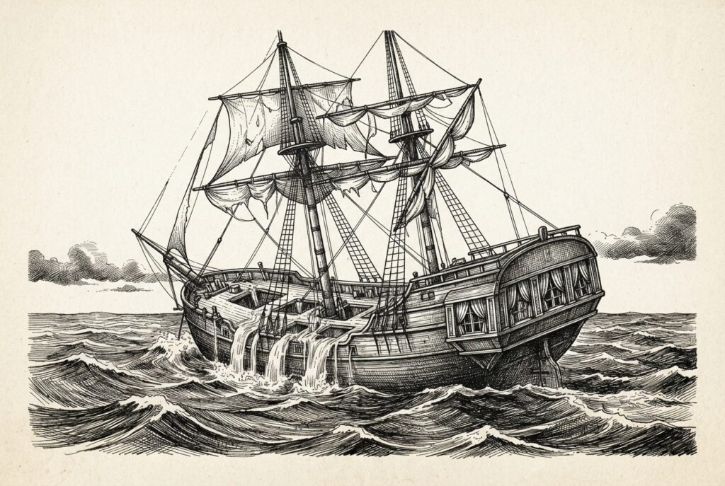 A sailing ship listing heavily to one side, water visibly flooding the lower decks through open hatches, while the captain's cabin windows have heavy curtains drawn completely shut, hiding the interior. The ship is struggling to stay afloat, capturing the tension between shrinking reserves (flooding) and reduced transparency (closed curtains). Monochrome pen-and-ink engraving on warm paper.