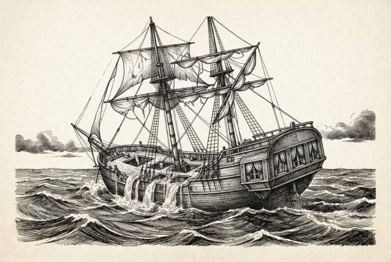 A sailing ship listing heavily to one side, water visibly flooding the lower decks through open hatches, while the captain's cabin windows have heavy curtains drawn completely shut, hiding the interior. The ship is struggling to stay afloat, capturing the tension between shrinking reserves (flooding) and reduced transparency (closed curtains). Monochrome pen-and-ink engraving on warm paper.