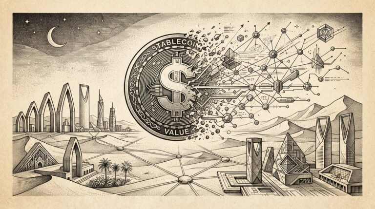 Tether Hadron tokenization platform metamorphosing from stablecoin to infrastructure against Saudi Arabian architectural horizon