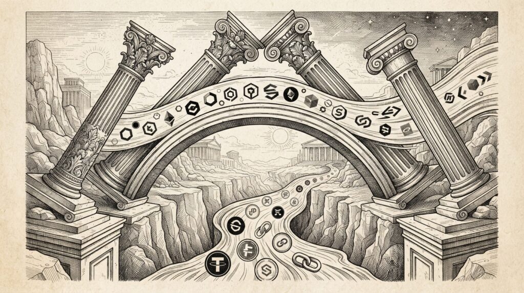 Monochrome pen-and-ink engraving of four classical bank pillars merging into a single bridge arch, with digital tokens flowing across the bridge and stablecoins flowing below in the opposite direction