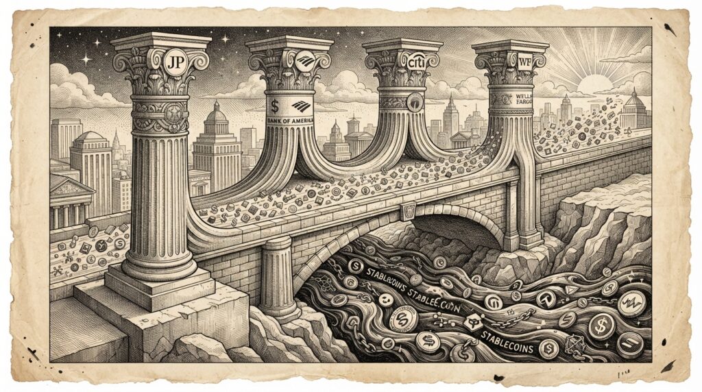 Monochrome pen-and-ink engraving of four classical bank pillars merging into a single bridge, with digital tokens flowing across and stablecoins flowing below in the opposite direction