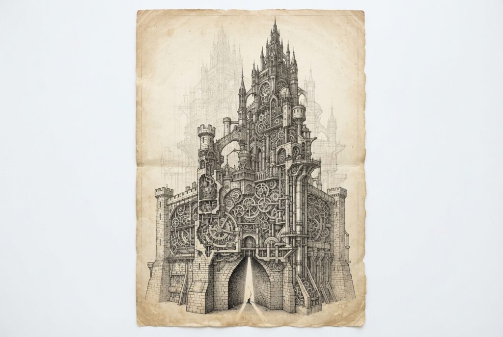 Monochrome pen-and-ink engraving on warm aged paper showing a structural blueprint of a mechanical fortress with fading sections and a sharp light beam illuminating a foundation fissure.