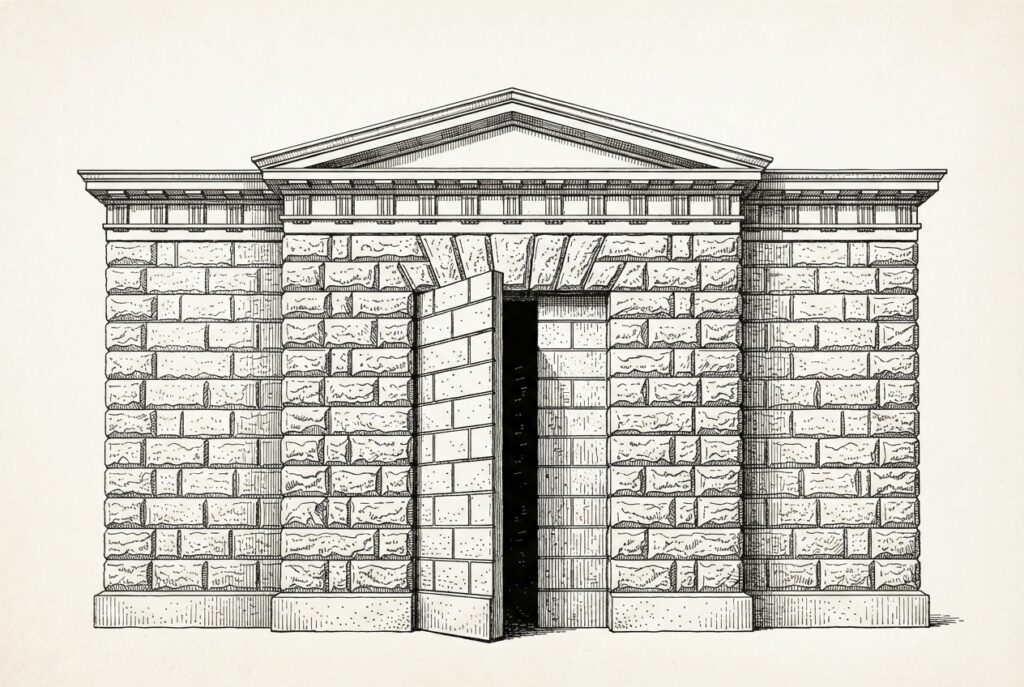 Monochrome pen-and-ink engraving of an imposing classical fortress wall with a secret door slightly ajar, revealing a dark hollow corridor within - the security architecture itself contains the breach