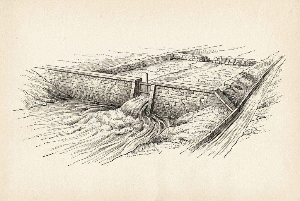 A wide river of commerce forced through a single narrow sluice gate in a massive stone dam, while a wider alternative channel beside it lies dry and abandoned. Conceptual illustration of Treasury's definitional choice routing stablecoins through a narrow payment-infrastructure passage while blocking the investment-classification path.