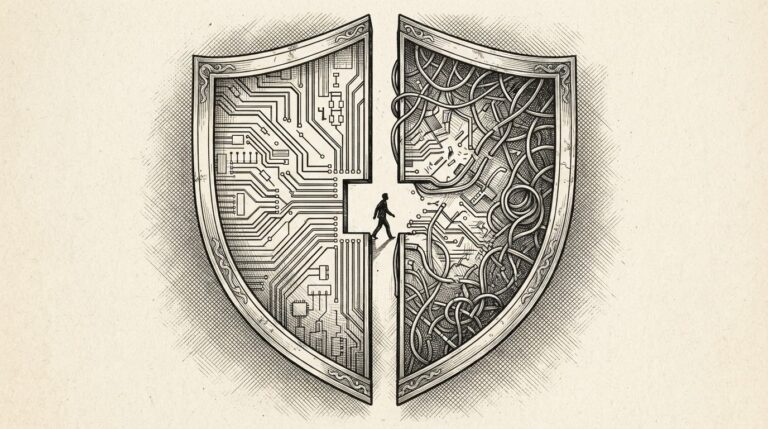Monochrome pen-and-ink engraving of a shield divided in half — one side showing a clean structured circuit-board lattice representing safety controls, the other showing chaotic tangled wires representing their absence