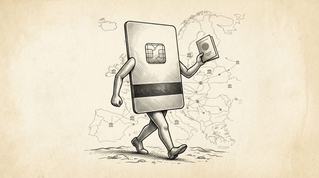 Pen-and-ink engraving of an anthropomorphic payment card walking across a European map, holding a credentials document - conceptual illustration of issuer-layer readiness for agent-initiated transactions.