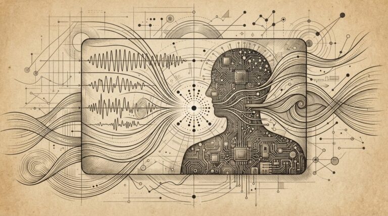 Abstract illustration of behavioral biometrics authentication for AI agents — signal patterns verifying machine identity through payment network infrastructure