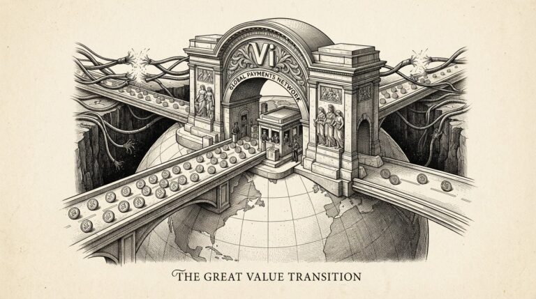 A massive toll booth straddling a globe with stablecoins flowing through like cars on a highway, while traditional wire transfer cables fray behind it