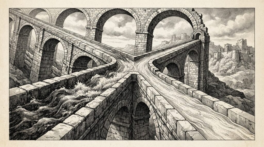 An ancient aqueduct system where a single massive stone channel splits into two separate channels that diverge in opposite directions, connected by arched stone bridges - representing the disaggregated prefill/decode separation in inference infrastructure.