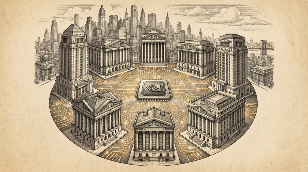 Monochrome pen-and-ink engraving of six classical Wall Street skyscrapers connected by glowing circuit-board pathways to a central semiconductor symbol, representing institutional finance mobilizing for AI infrastructure at unprecedented scale
